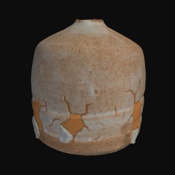 textured worn beige ceramic sculpture with small round opening and cracked detail at the base