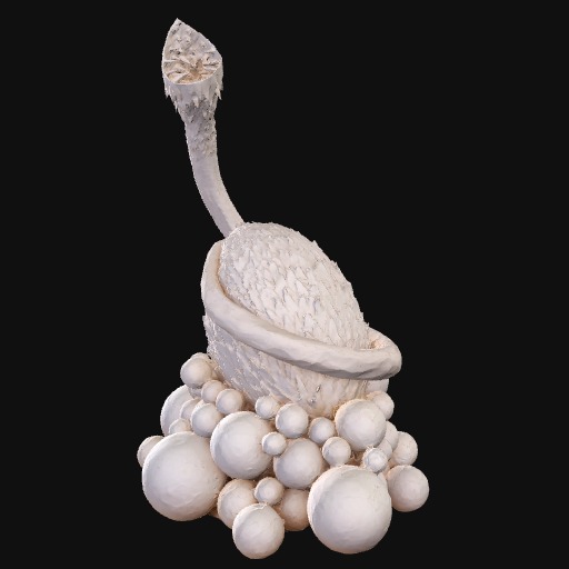 tall white ceramic sculpture, round egg-like shape held by multiple spheres, long neck reaching above.
