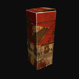 red and brown cardboard box with collaged words and newspaper clippings printed on all sides