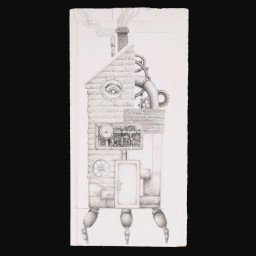 morphed whimsical graphite drawing of house and industrial details on legs