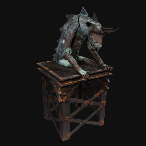 Rusty metal gargoyle statue sitting on raised metal structure.