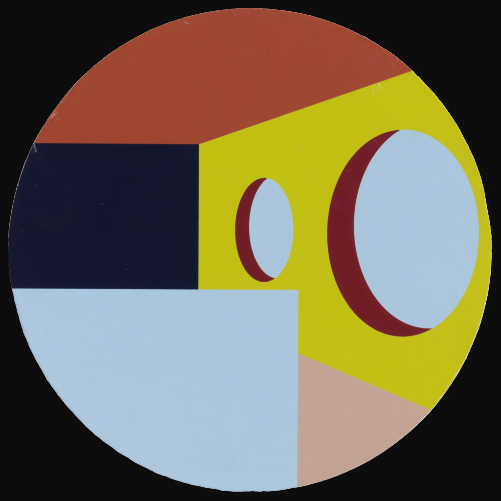 Orange, yellow and blue circular image of an interior house