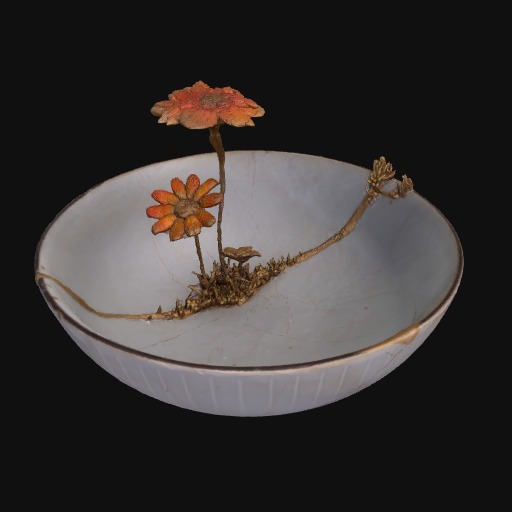 fragile white ceramic bowl, gold rim and two orange flowers growing from the centre.