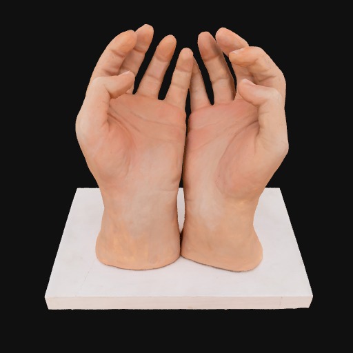 two skin coloured hand sculptures, palms showing, on white board.