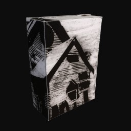 white cardboard box with black and white architectural detail printed on all sides
