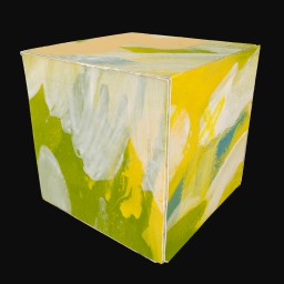 cube printed with abstract green and yellow painting
