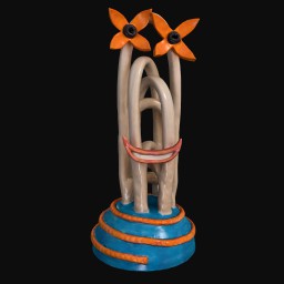 Face-like smiling sculpture with blue base and orange flower-shaped eyes