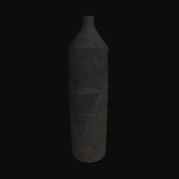 long black textured ceramic sculpture shaped like a bottle with small round opening