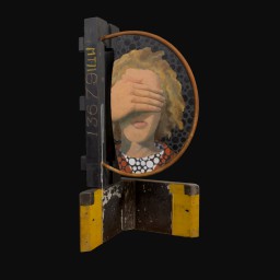 abstract industrial sculpture with round panel and painted portrait of a blonde girl covering her eyes
