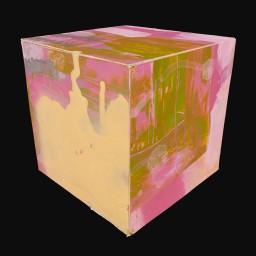 cube printed with abstract pink, green and yellow painting