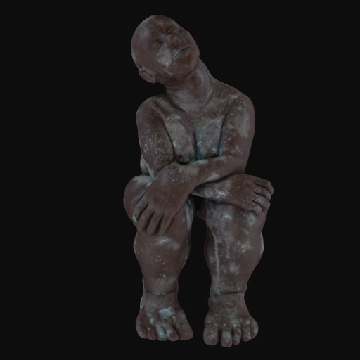 Stone figure sitting with arms crossed over opposite knees