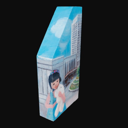 sky blue 3D irregular box with child and buildings