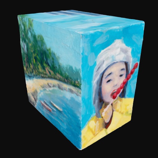 sky blue 3D box with child and an island landscape