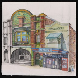 painting of historic storefront with colourful details
