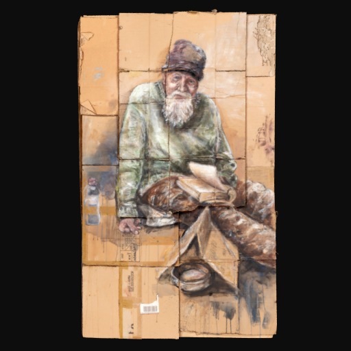 Image painted onto carboard backing of a bearded homeless man in a blue jacket