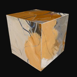 cube printed with abstract orange, brown and grey painting