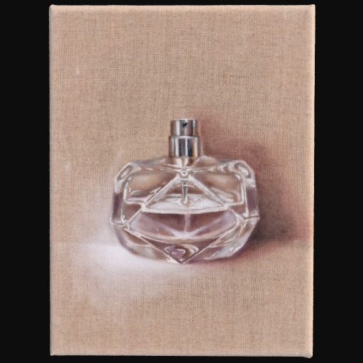 perfume bottle with rounded edges in front of a beige, thatched background