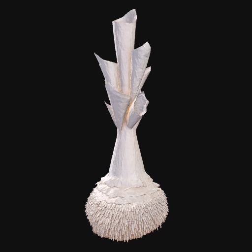tall white ceramic sculpture, smooth abstract triangular features reaching up, small individual isotopes pointed down.