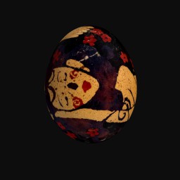 painted egg depicting sleeping woman with red flowers in her hair