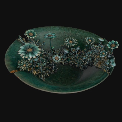 deep green ceramic bowl, green flowers growing in a line down the centre.