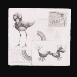 three piece drawing of chicken and sausage dog with mechanical and abstract elements