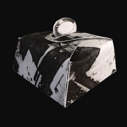 rectangular cardboard box with black and white abstract prints on all sides