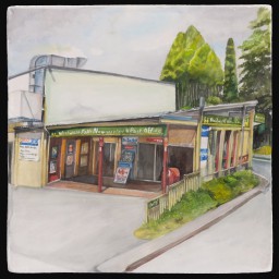 painting of historic storefront with colourful details