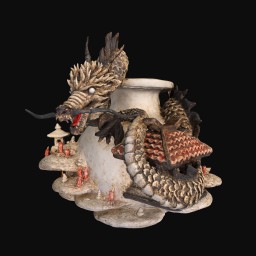 ceramic scultpure of a dragon curled around a vase.