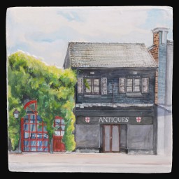 painting of grey double storey antique shop on a street next to a green tree and red gate