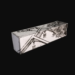 white cardboard box with black and white architectural detail printed on all sides