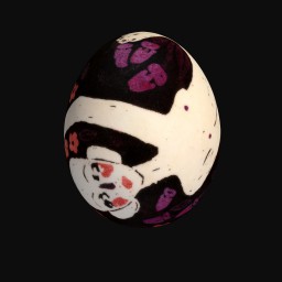 purple and black painted egg depicting a white face and body 