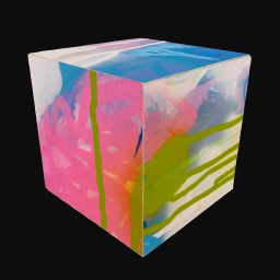 cube printed with abstract pink, green and blue painting