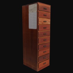 side angle view of a wodden tall boy set of drawers with black handles