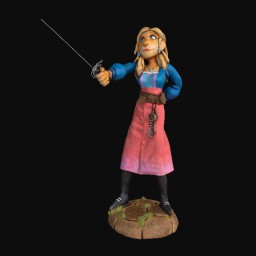 Figurine girl holding a sword with a pink skirt and blue blouse