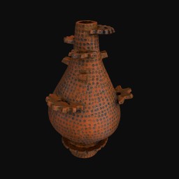 Rusty coloured bulbous sculpture with geared details