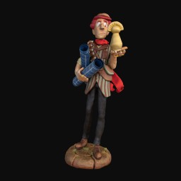 Figurine of red-headed man holding maps and a tellow figure