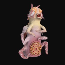 Pastel pink and yellow coloured ceramic sculpture of a 6-legged upstanding monster with large eyes and  an open mouth.