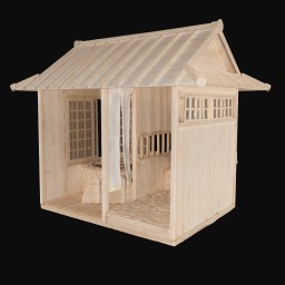 Small wood model of traditional japanese home with white curtains and square