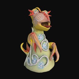 Pastel coloured ceramic sculpture of two-armed monster with swirls paited on its cheeks and body, a yellow tail, pincers on its arms and it's mouth open with its red tongue poking out.