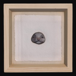 Grey ceramic cat face mounted in wooden frame 