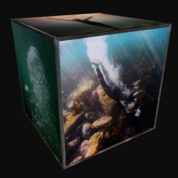 cube sculpture with images of silhouette swimming in ocean underwater