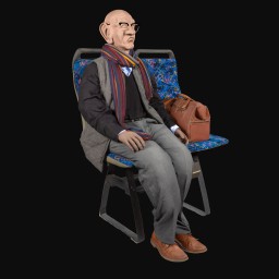 old man with big ears and glasses sitting on bus seat