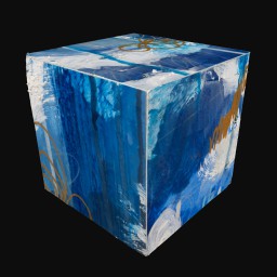 cube printed with abstract blue and white painting