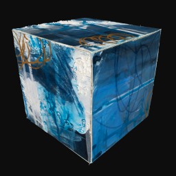 cube printed with abstract blue, black and white painting