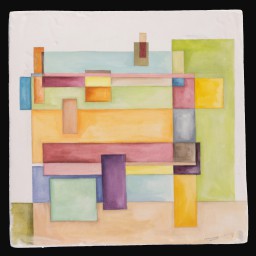 overlapping coloured rectangles that create an abstract pattern in a square shape