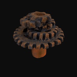 three stacked rusty coloured cog scultpures