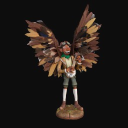 Figurine man with large brown wings and a stringed instrument in his hands
